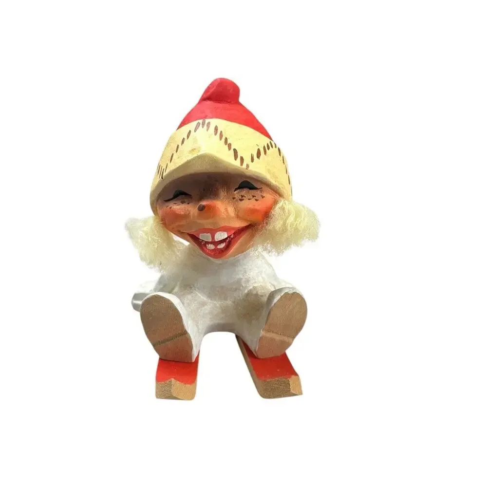 Vintage Christmas Norwegian Signed Henning Hand Carved Troll On Skis Folk Art